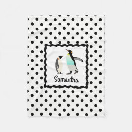 かわいいペンギン、B&Wの水玉模様は、wの名前を個人化します フリースブランケット