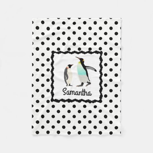 かわいいペンギン、B&Wの水玉模様は、wの名前を個人化します フリースブランケット (正面)