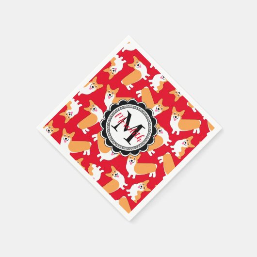 かわいいペンブロークウェルシュコーギーモノグラムレッド スタンダードカクテルナプキン (角)