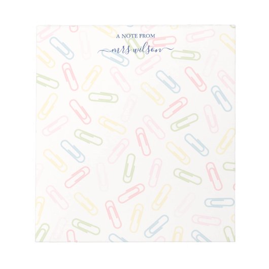 かわいいペーパークリップパターンからの先生 ノートパッド (正面)