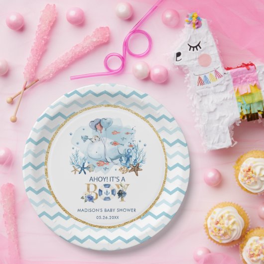 かわいいホエールアホイ男の子の航海のシャワー ペーパープレート (パーティー)