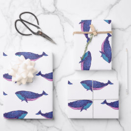 かわいいホエールアートスケッチイン海ブルーとホワイト ラッピングペーパーシート