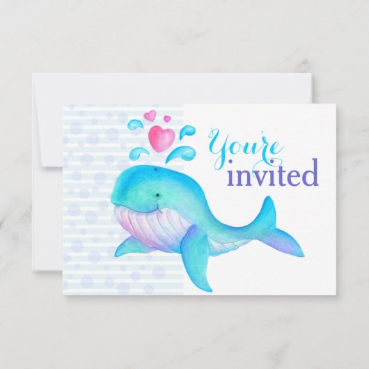 かわいいホエールアートベイビーシャワーアクアパープル招待 招待状 (裏面)