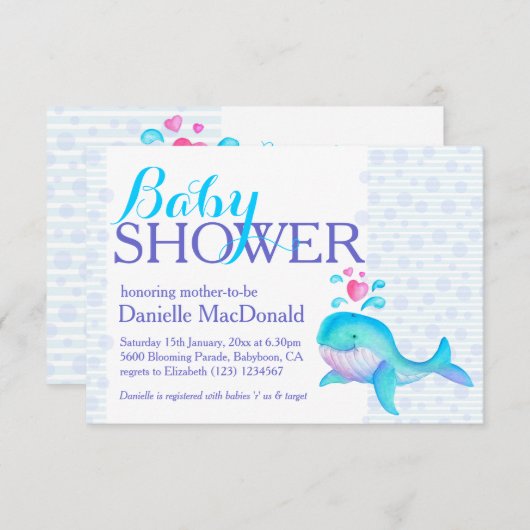 かわいいホエールアートベイビーシャワーアクアパープル招待 招待状 (正面/裏面)