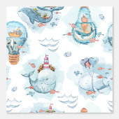 かわいいホエールウォーター色航海のベビー子供部屋 壁紙 (正面)