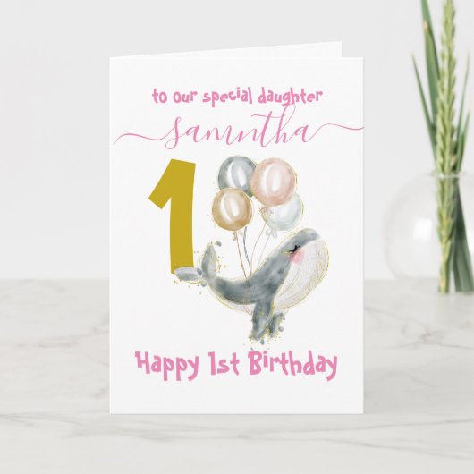 かわいいホエールガール1歳の誕生日カード カード (正面)