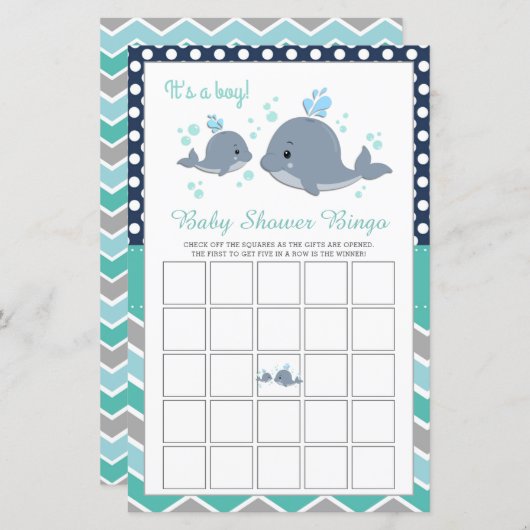 かわいいホエールシャワー赤ちゃんシャワービンゴゲームカード (正面/裏面)