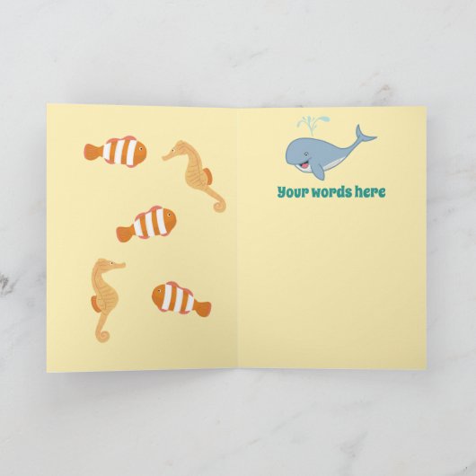 かわいいホエールシーホースピエロ魚海子供の誕生日 カード (内部)