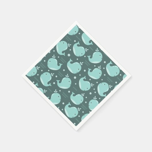 かわいいホエールパターンオンティール(緑がかった色)ブルー子供の誕生日 スタンダードカクテルナプキン (角)