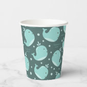 かわいいホエールパターンオンティール（緑がかった色）ブルー子供の誕生日 紙コップ (裏面)