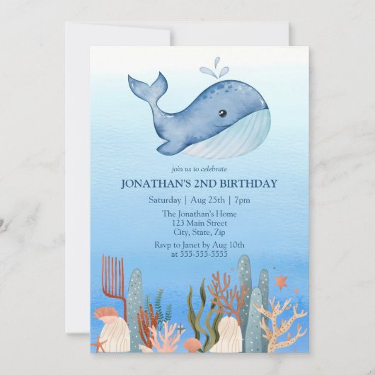 かわいいホエールブルーシーコーラルリーフ2nd誕生日 招待状 (正面)