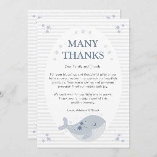 かわいいホエールブルーボーイベビーシャワー サンキューカード (正面/裏面)