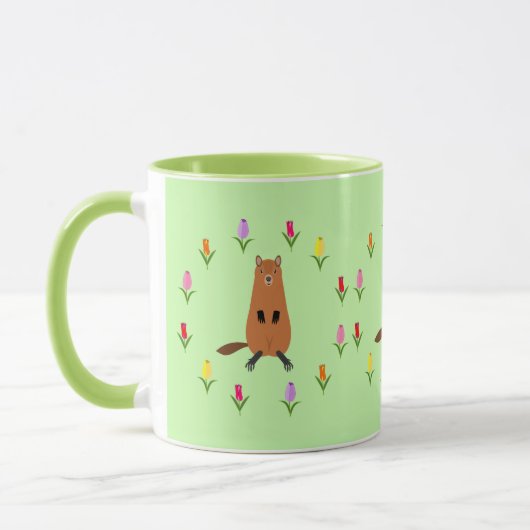 かわいいホタテグマとチューリップの花 マグカップ (左)
