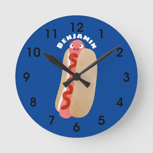 かわいいホッおもしろいトドッグウィーナー漫画  ラウンド壁時計 (正面)