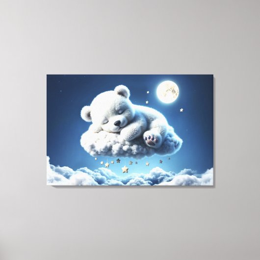 かわいいホッキョクグマかわいい美しいふわふわ雲 キャンバスプリント (正面)