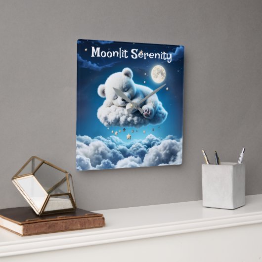 かわいいホッキョクグマかわいい美しいふわふわ雲 スクエア壁時計 (オフィス)