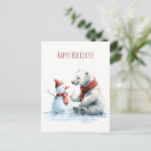 かわいいホッキョクグマが雪だるまを作っています、クリスマス ポストカード (スタンド正面)