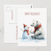 かわいいホッキョクグマが雪だるまを作っています、クリスマス ポストカード (正面/裏面)
