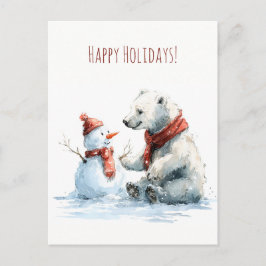 かわいいホッキョクグマが雪だるまを作っています、クリスマス ポストカード