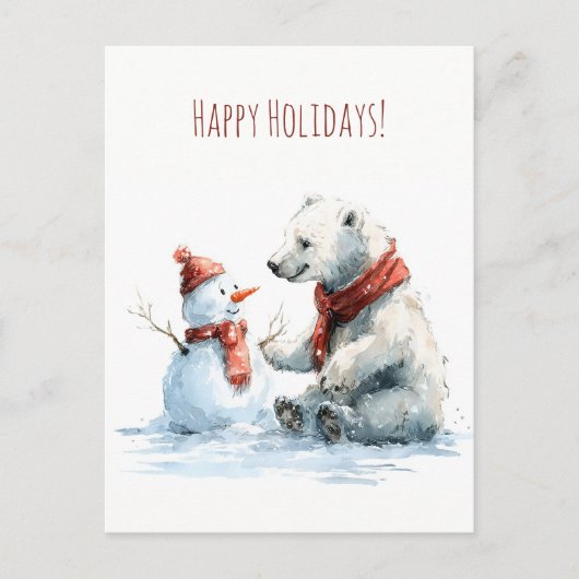 かわいいホッキョクグマが雪だるまを作っています、クリスマス ポストカード (正面)
