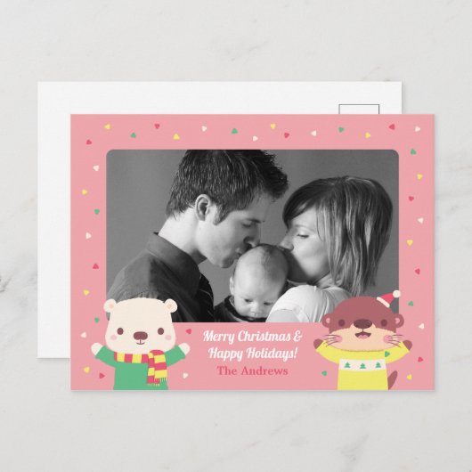 かわいいホッキョクグマとオッタークリスマスホリデーフォト インビテーションポストカード (正面/裏面)