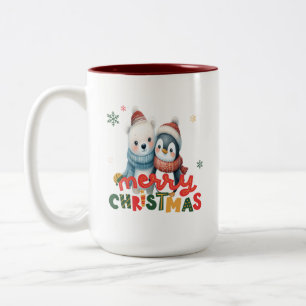 かわいいホッキョクグマとペンギンの友達クリスマス ツートーンマグカップ