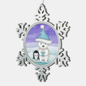 かわいいホッキョクグマとペンギン スノーフレークピューターオーナメント (右)