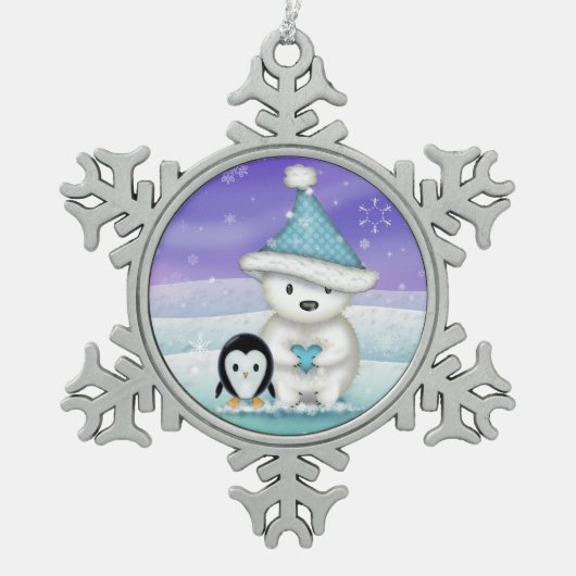 かわいいホッキョクグマとペンギン スノーフレークピューターオーナメント (正面)