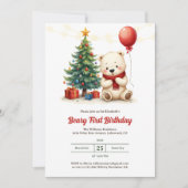 かわいいホッキョクグマのクリスマスの最初の誕生日 招待状 (正面)