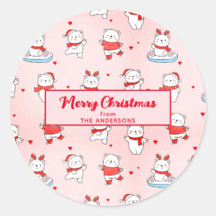 かわいいホッキョクグマのクリスマスシームレスパターンピンク ラウンドシール