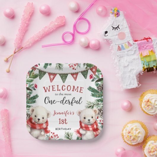 かわいいホッキョクグマのクリスマス1歳の誕生日 ペーパープレート (パーティー)