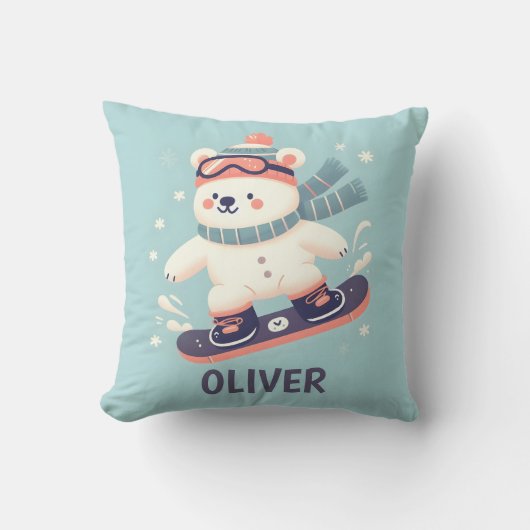 かわいいホッキョクグマのスノーボードパーソナライズされた クッション (正面)