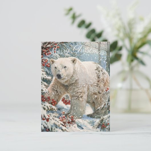 かわいいホッキョクグマの冬のクリスマス シーズンポストカード (スタンド正面)