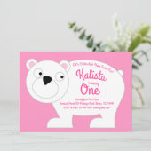 かわいいホッキョクグマの子ども1st誕生日パーティーピンクの女の子 招待状 (スタンド正面)