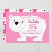かわいいホッキョクグマの子ども1st誕生日パーティーピンクの女の子 招待状 (正面/裏面)