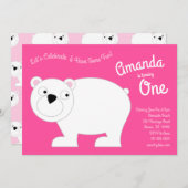 かわいいホッキョクグマの子ども1st誕生日パーティーピンク 招待状 (正面/裏面)