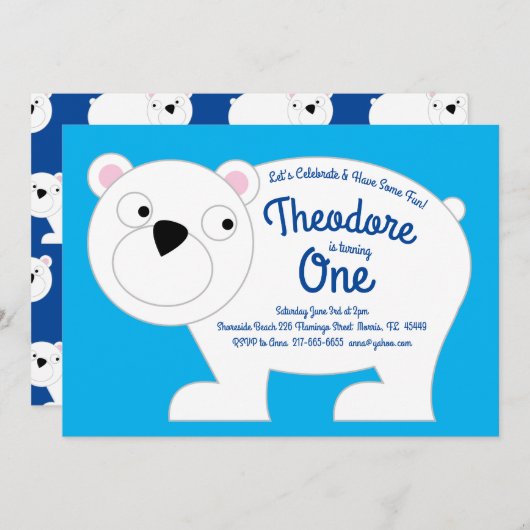かわいいホッキョクグマの子供たち1st誕生日パーティの招待状 招待状 (正面/裏面)