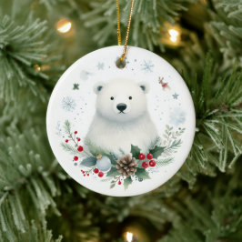 かわいいホッキョクグマの男の子の初めてのクリスマス セラミックオーナメント