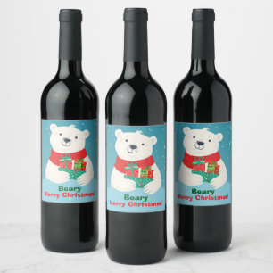 かわいいホッキョクグマの贈り物&メッセージよくはしゃぐクリスマス ワインラベル