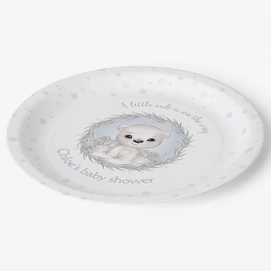 かわいいホッキョクグマ冬の男の子の赤ちゃんシャワー白 ペーパープレート (アングル)