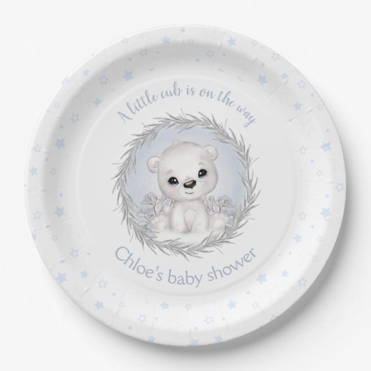 かわいいホッキョクグマ冬の男の子の赤ちゃんシャワー白 ペーパープレート (正面)