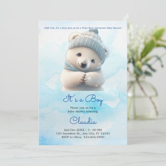 かわいいホッキョクグマ冬の青い赤ちゃんシャワーその少年 招待状 (スタンド正面)