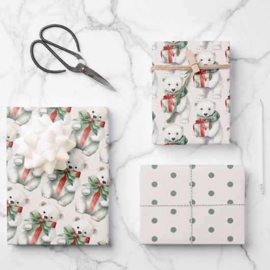 かわいいホッキョクグマ動物の水彩緑と白 ラッピングペーパーシート (正面)