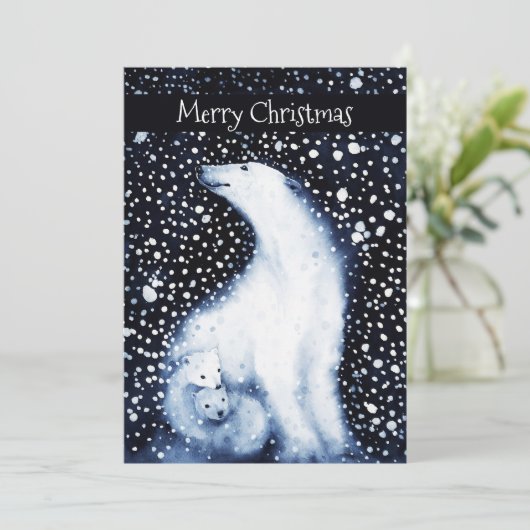 かわいいホッキョクグマ家族の雪の冬のクリスマス シーズンカード (スタンド正面)