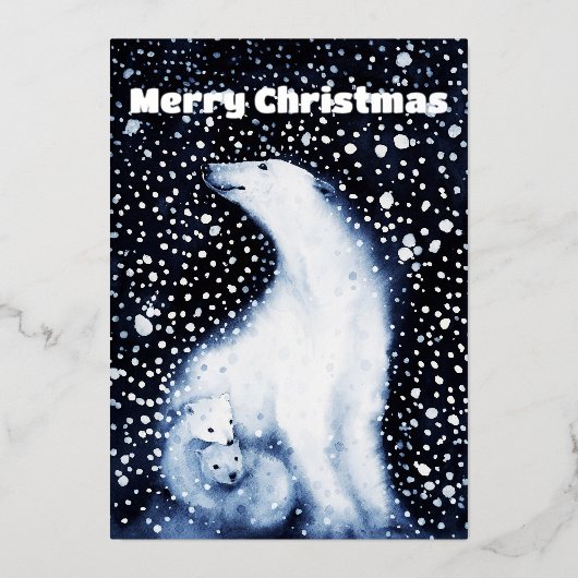 かわいいホッキョクグマ家族の雪の冬のクリスマス 箔シーズンカード (正面)