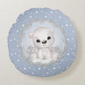 かわいいホッキョクグマ男の赤ちゃんブルーラウンドピロー ラウンドクッション (正面)