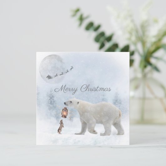 かわいいホッキョクグマ野生うさぎサンタ冬クリスマス シーズンカード (スタンド正面)