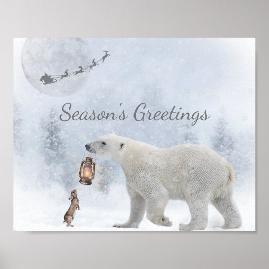 かわいいホッキョクグマ野生うさぎサンタ冬クリスマス ポスター (正面)
