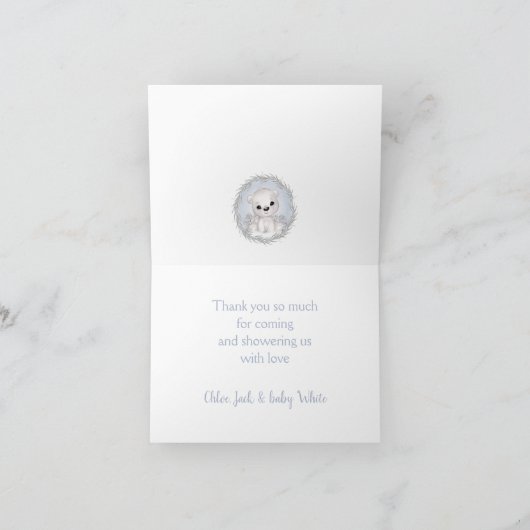 かわいいホッキョクグマ青い白い冬の男の子の赤ちゃんシャワー サンキューカード (内部)