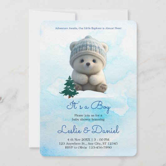 かわいいホッキョクグマ青い赤ちゃんシャワーその男の子 招待状 (正面)